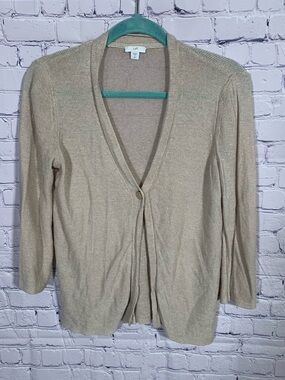 J.Jill Womens Linen Blend Cardigan Tan ST Festival Beach Lightweight Open Knit